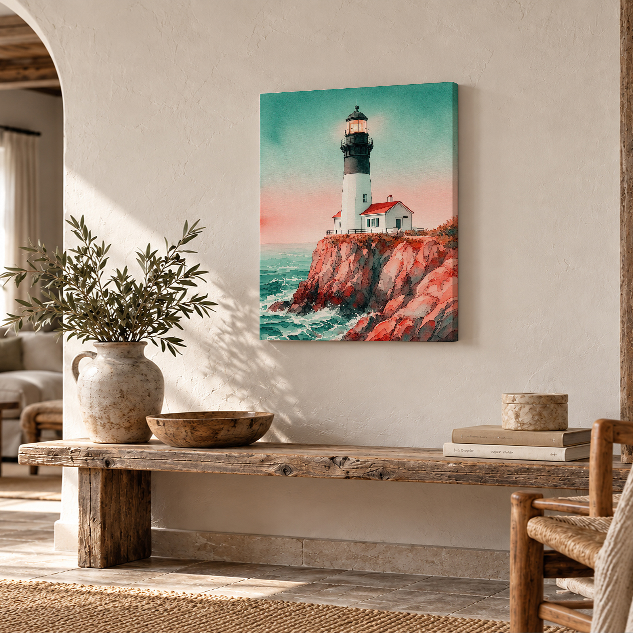 Coastal Lighthouse Sunset Framed Canvas Wall Art - Ready to Hang - Image 2