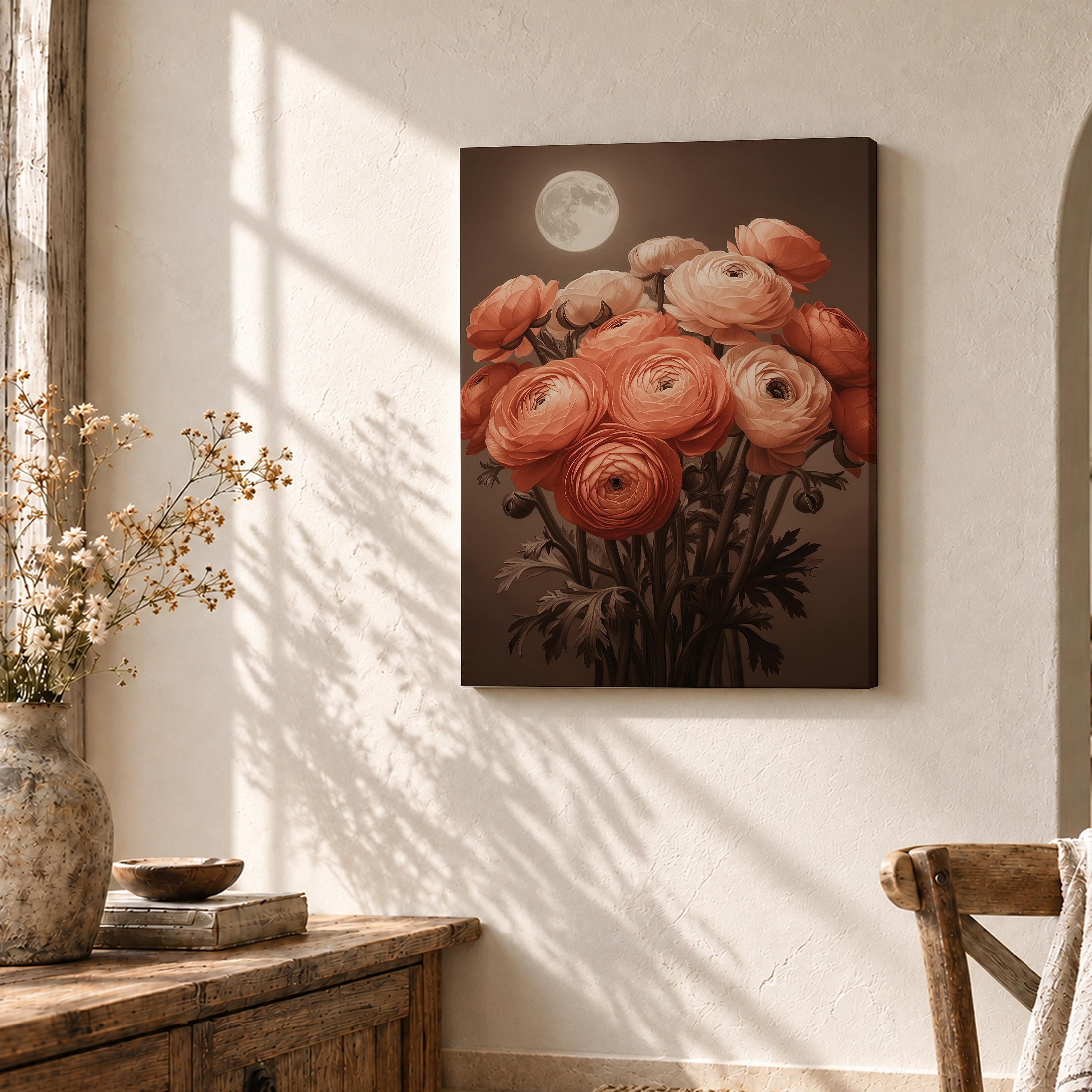 Moonlit Ranunculus Bouquet Framed Canvas Wall Art - Ready to Hang - Image 3