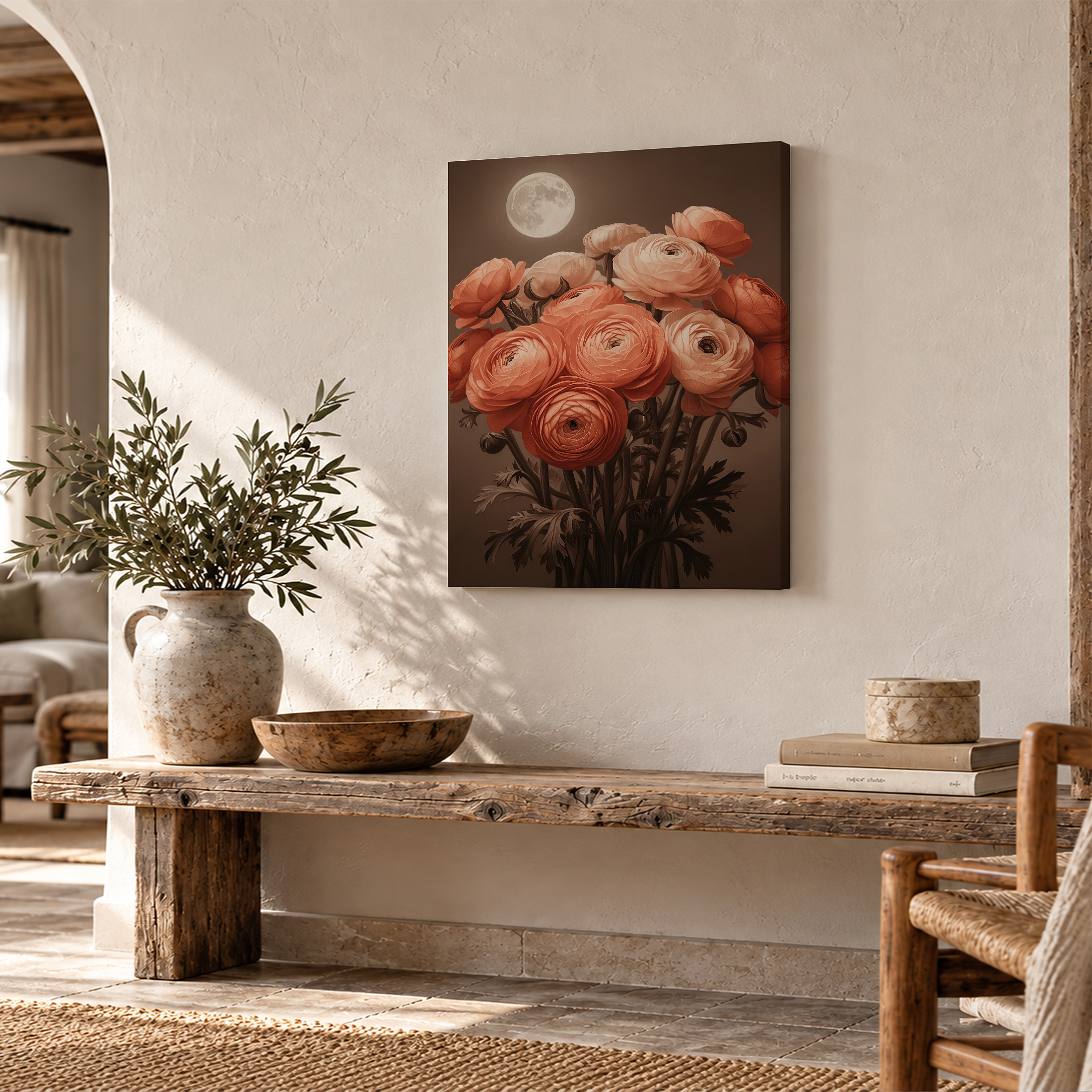 Moonlit Ranunculus Bouquet Framed Canvas Wall Art - Ready to Hang - Image 2