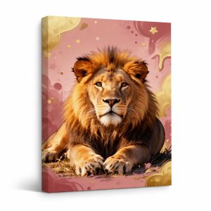 Golden Lion in Pink & Gold Whimsical Framed Canvas Wall Art