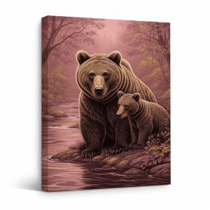 Brown Bear & Cub Forest Stream Framed Canvas Wall Art Ready to Hang