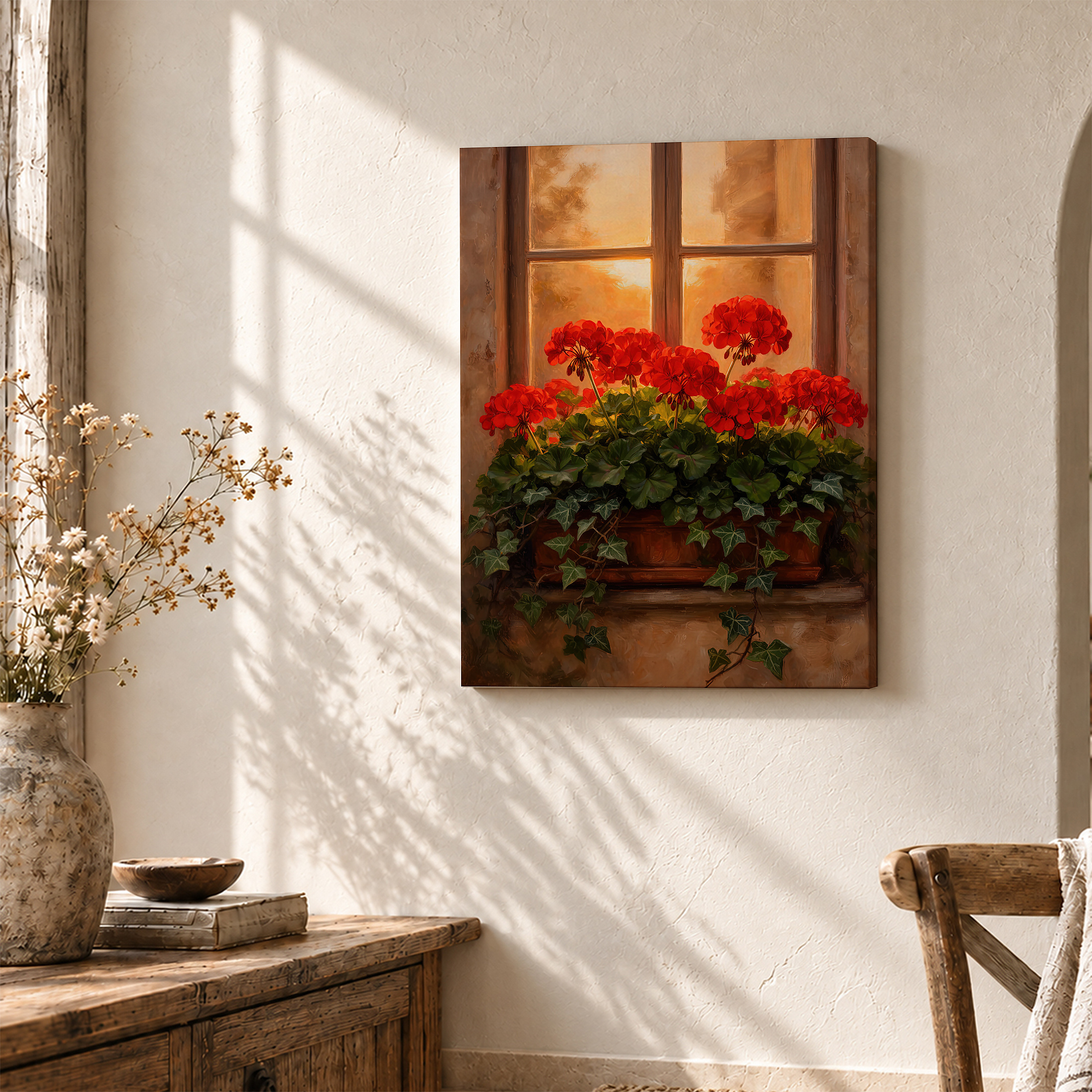 Sunset Geraniums Window Scene Framed Canvas Wall Art - Image 3