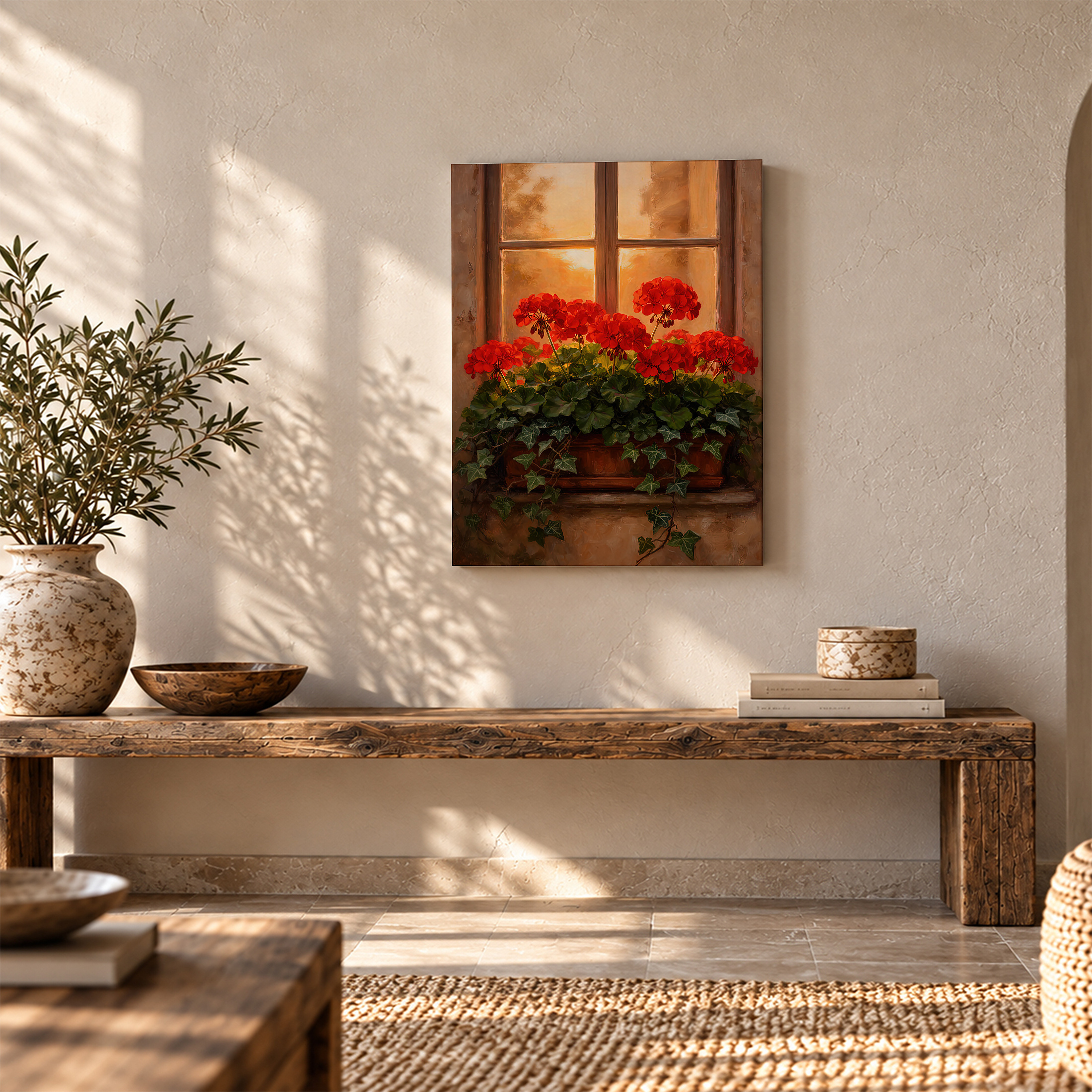 Sunset Geraniums Window Scene Framed Canvas Wall Art - Image 5