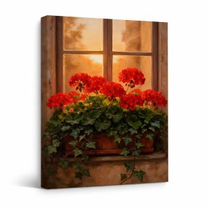 Sunset Geraniums Window Scene Framed Canvas Wall Art