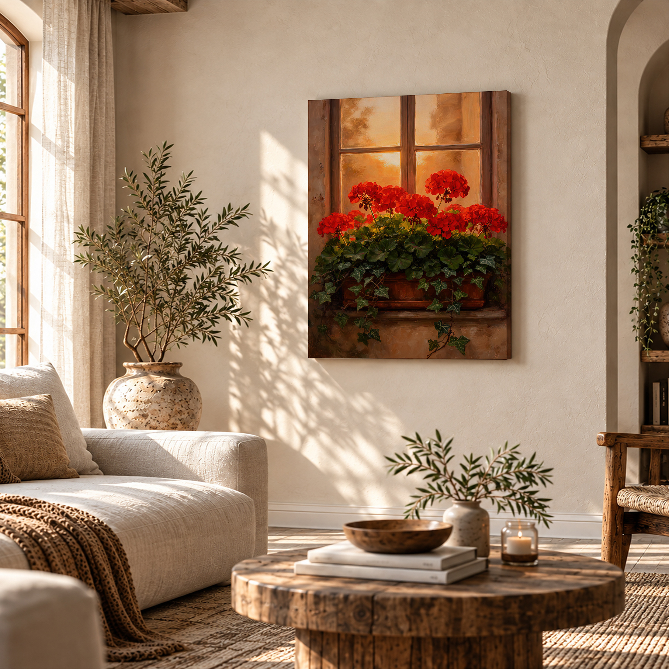 Sunset Geraniums Window Scene Framed Canvas Wall Art - Image 4