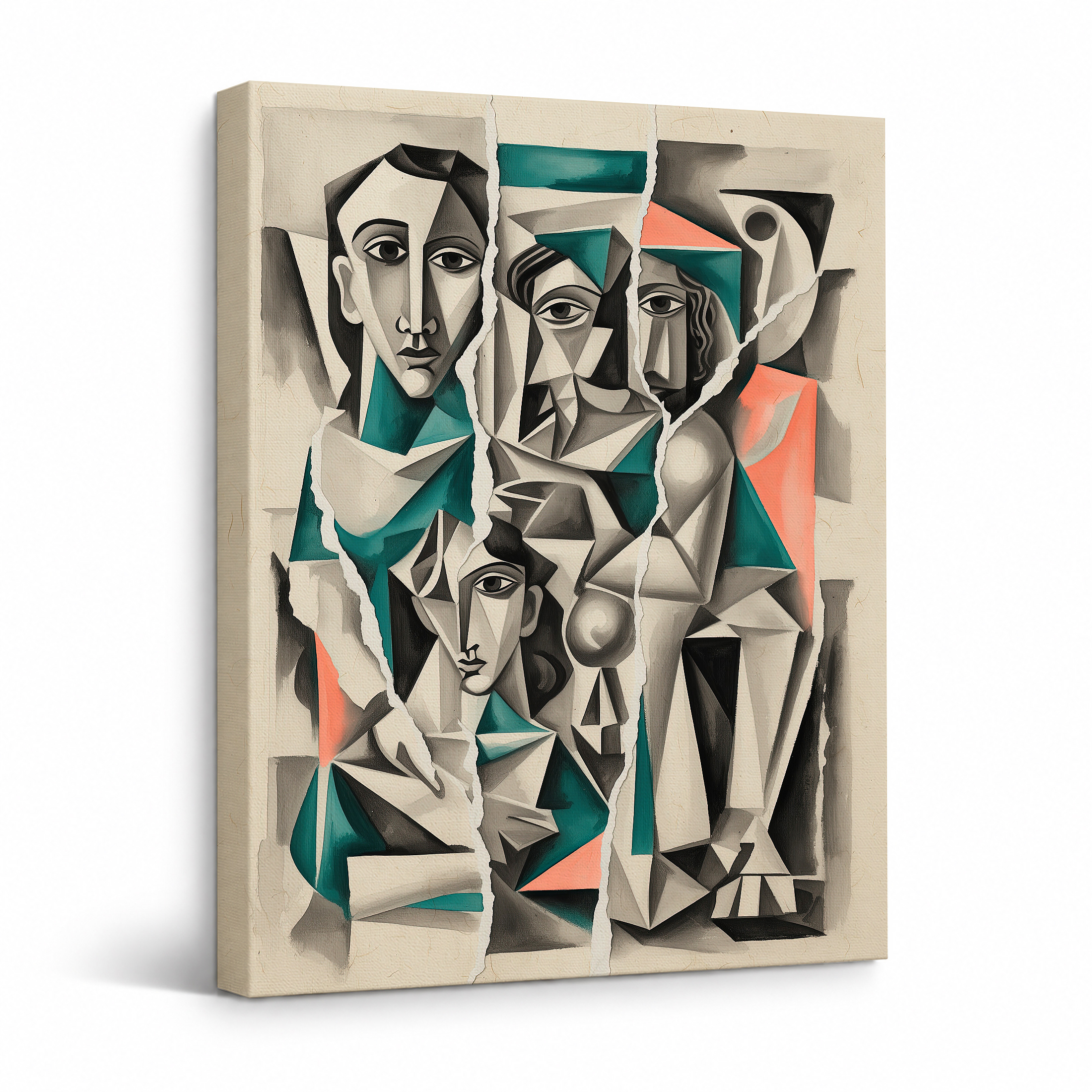 Cubist Faces Abstract Art Framed Canvas Wall Art - Modern Home Decor