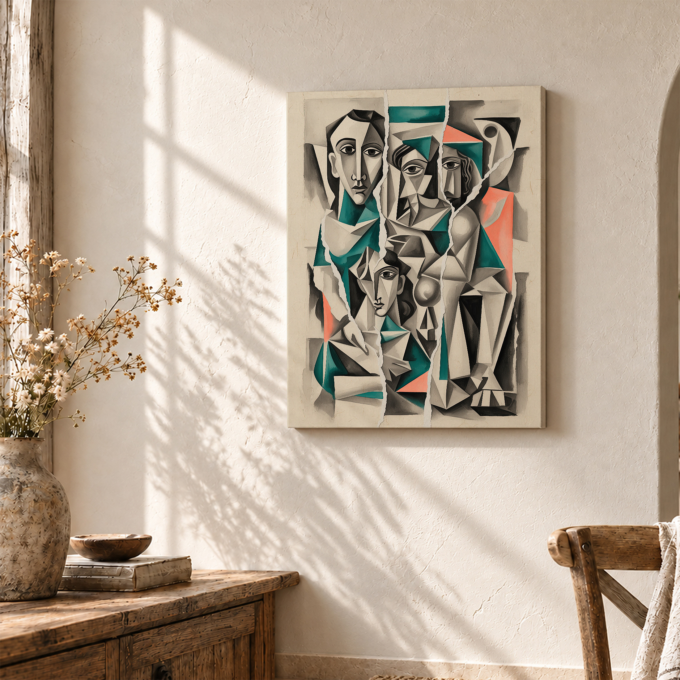 Cubist Faces Abstract Art Framed Canvas Wall Art - Modern Home Decor - Image 3