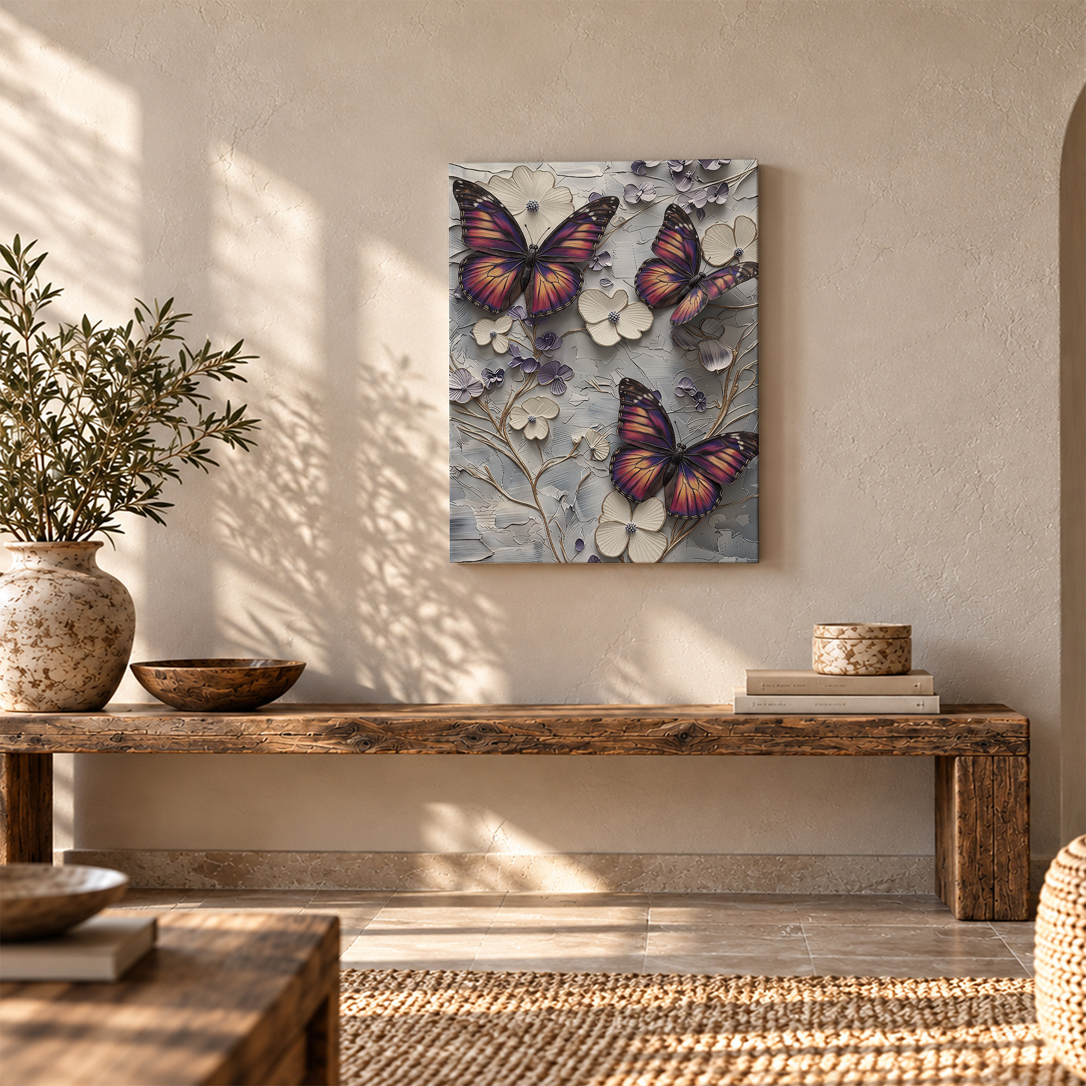 Butterfly & Floral Textured Framed Canvas Wall Art - Ready to Hang - Image 5