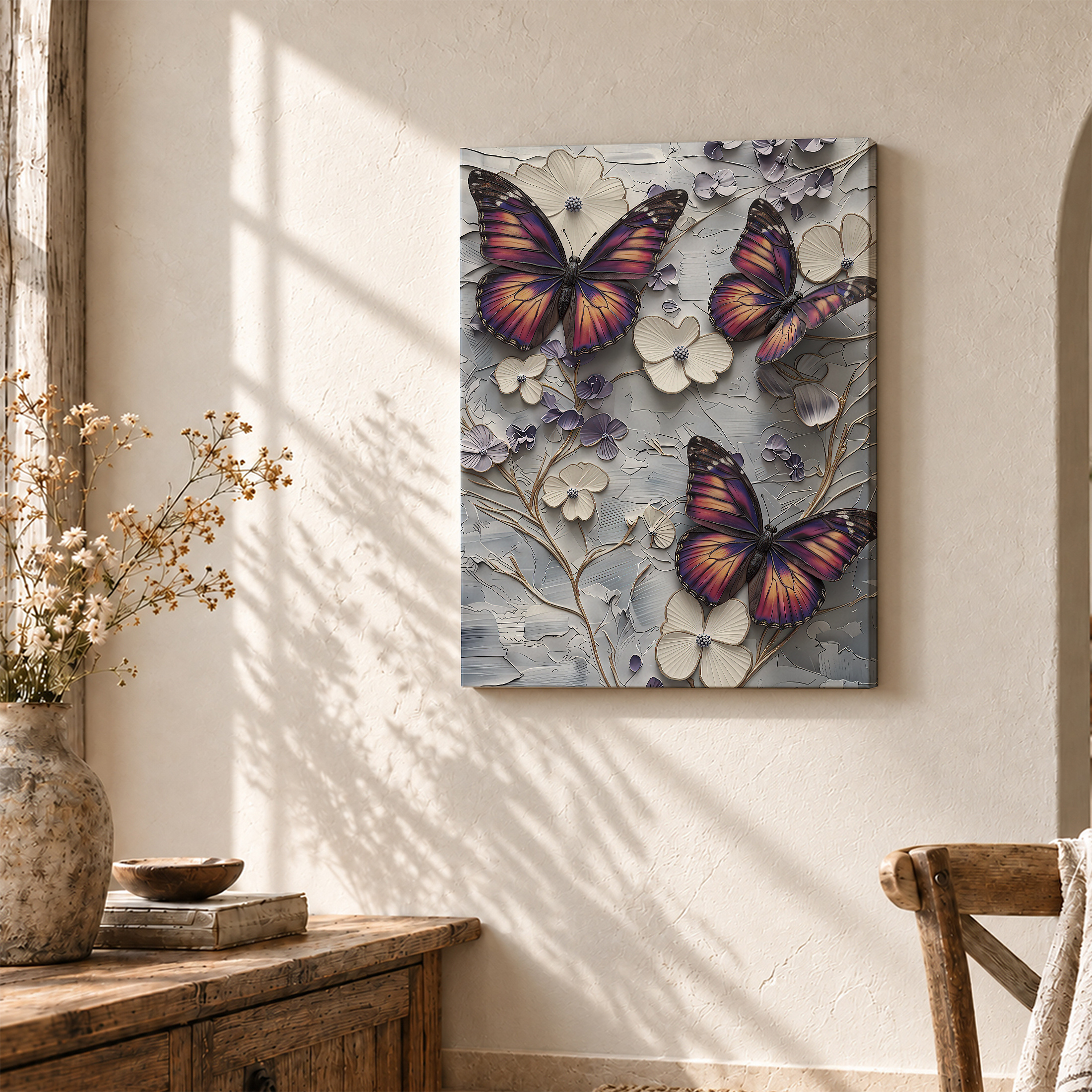 Butterfly & Floral Textured Framed Canvas Wall Art - Ready to Hang - Image 3