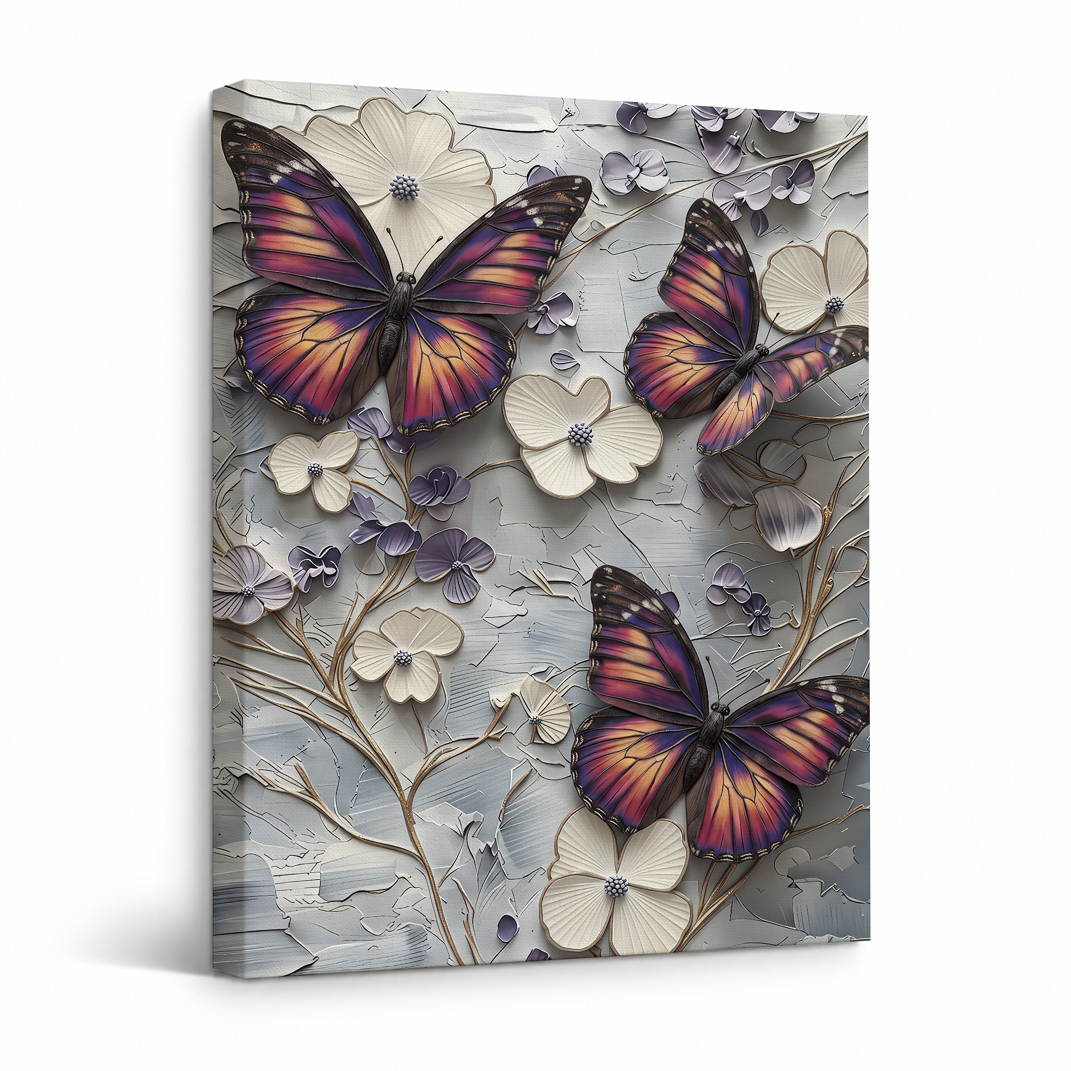 Butterfly & Floral Textured Framed Canvas Wall Art - Ready to Hang