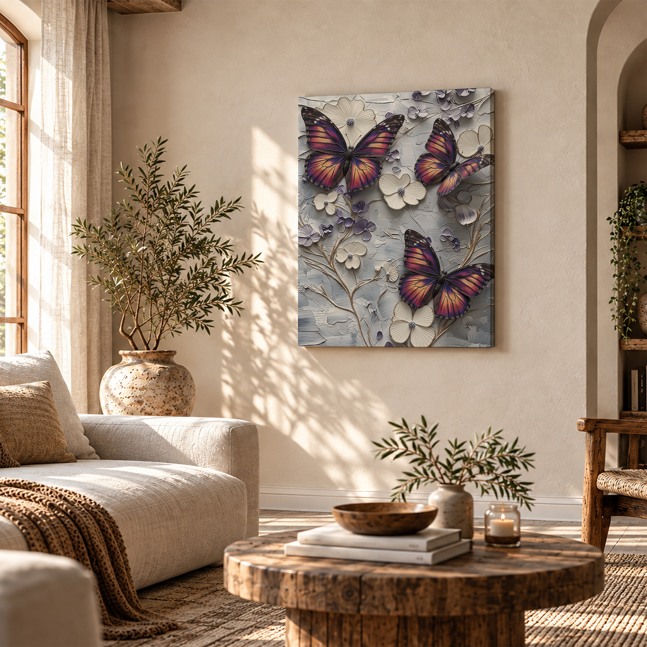 Butterfly & Floral Textured Framed Canvas Wall Art - Ready to Hang - Image 4