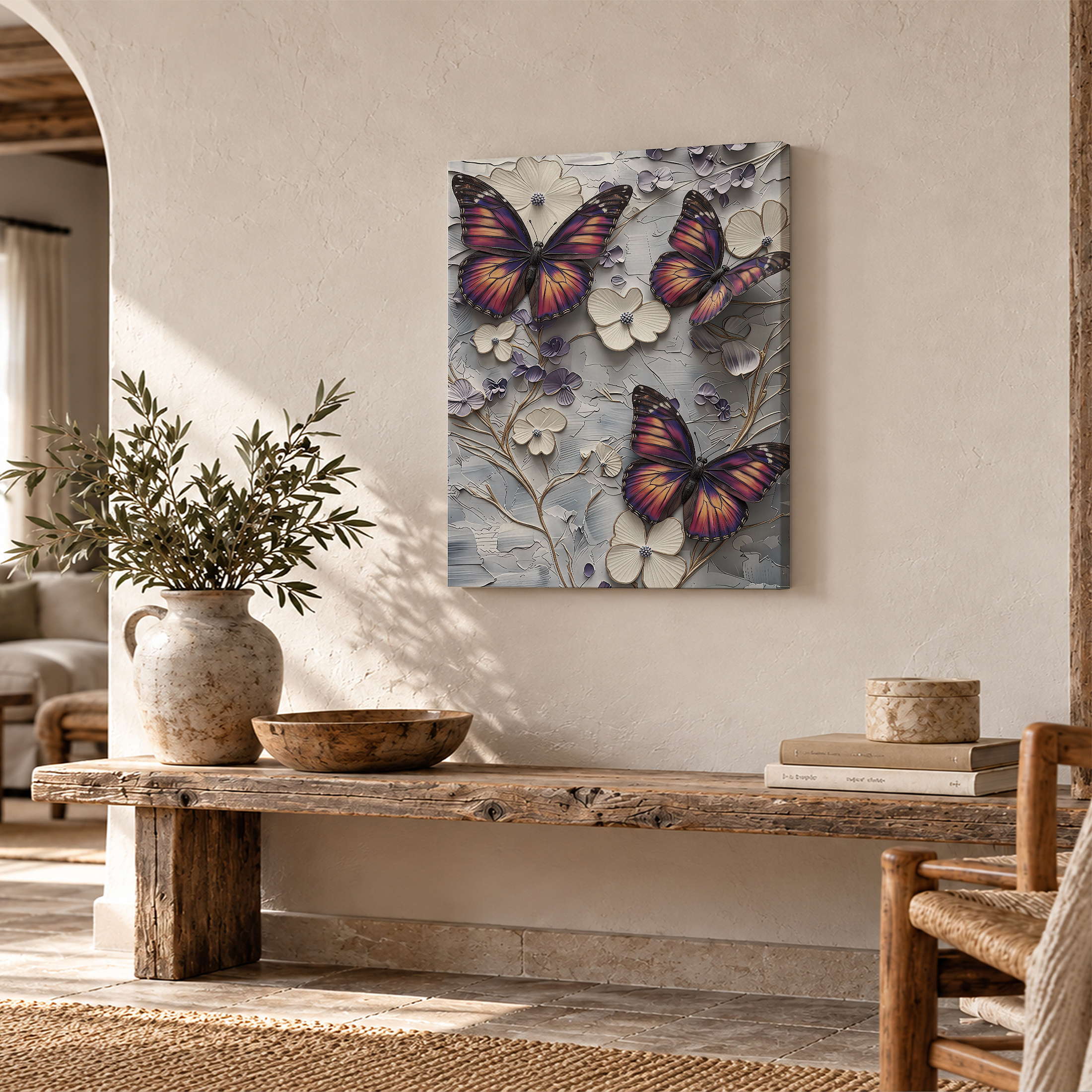 Butterfly & Floral Textured Framed Canvas Wall Art - Ready to Hang - Image 2