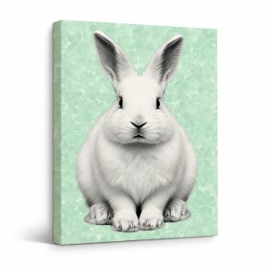 Cute White Rabbit on Mint Green Background Framed Canvas Wall Art