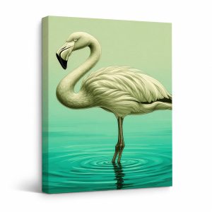 Serene Flamingo in Teal Water Framed Canvas Wall Art - Ready to Hang