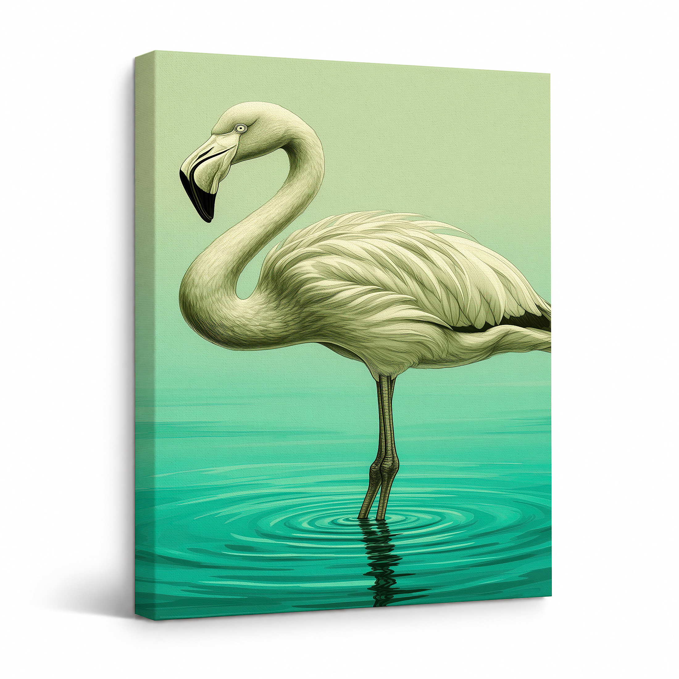 Serene Flamingo in Teal Water Framed Canvas Wall Art - Ready to Hang