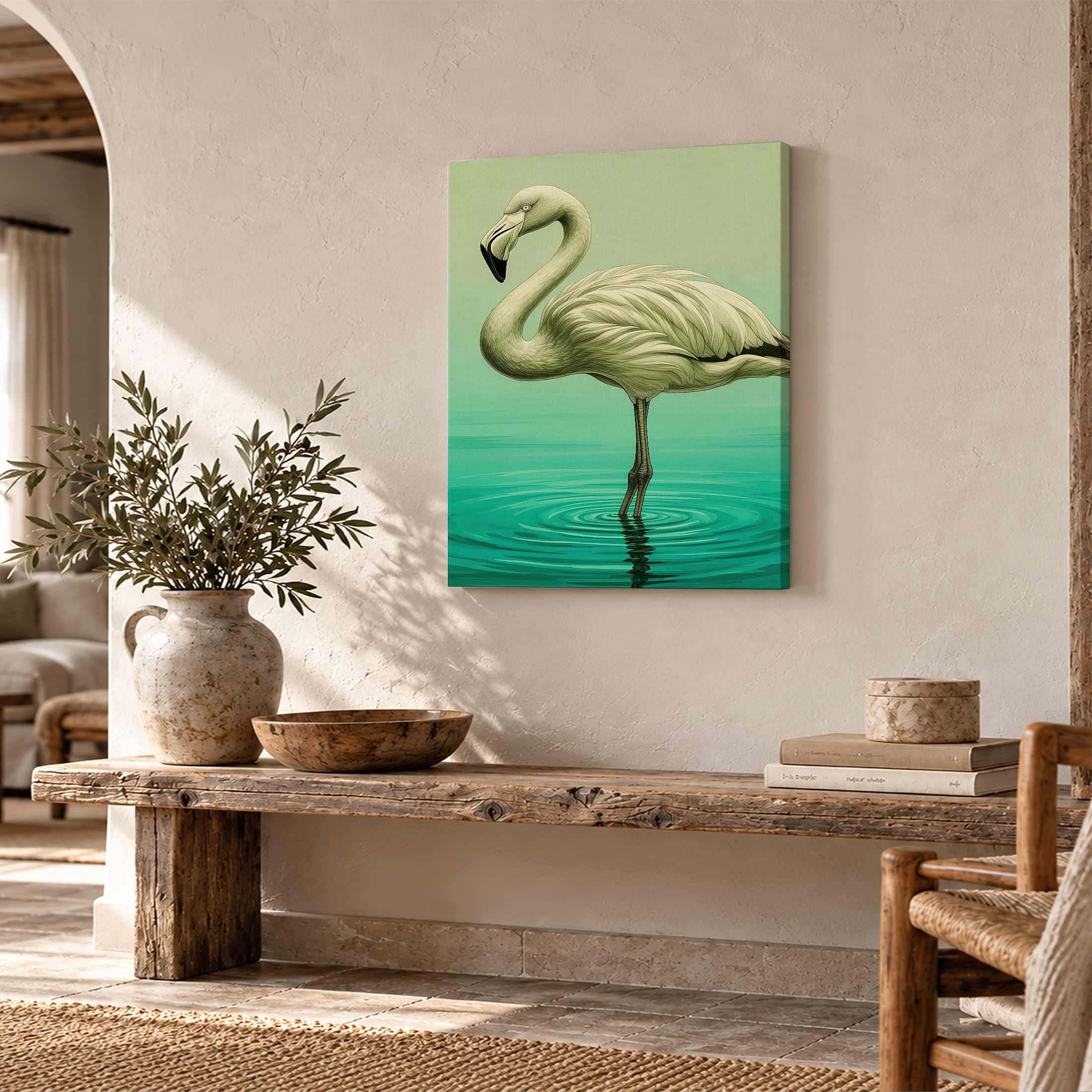 Serene Flamingo in Teal Water Framed Canvas Wall Art - Ready to Hang - Image 2