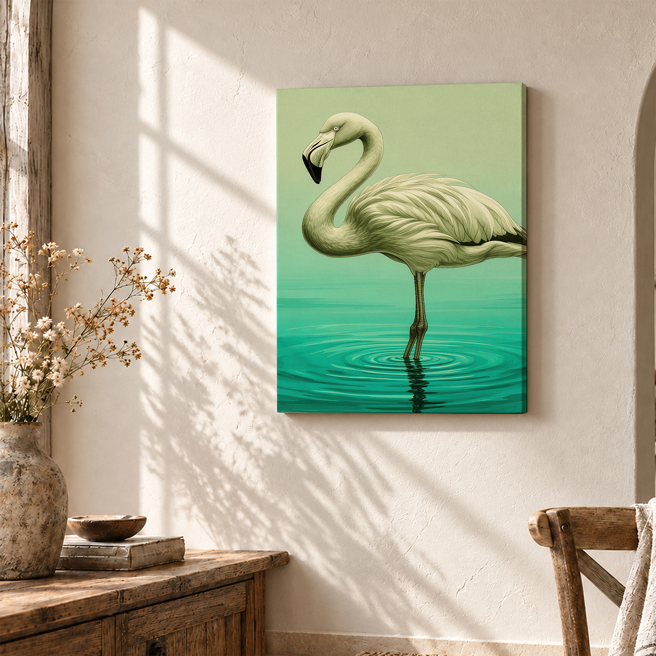 Serene Flamingo in Teal Water Framed Canvas Wall Art - Ready to Hang - Image 3