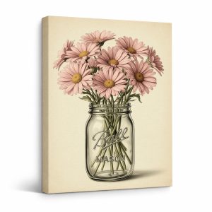 Pink Daisies in Mason Jar Vintage Framed Canvas Wall Art