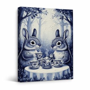 Whimsical Blue Forest Tea Party Rabbits Framed Canvas Wall Art