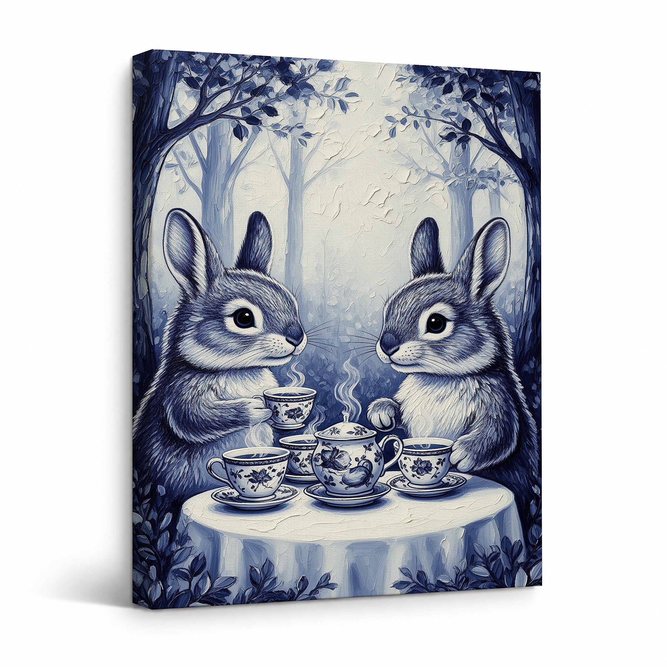 Whimsical Blue Forest Tea Party Rabbits Framed Canvas Wall Art