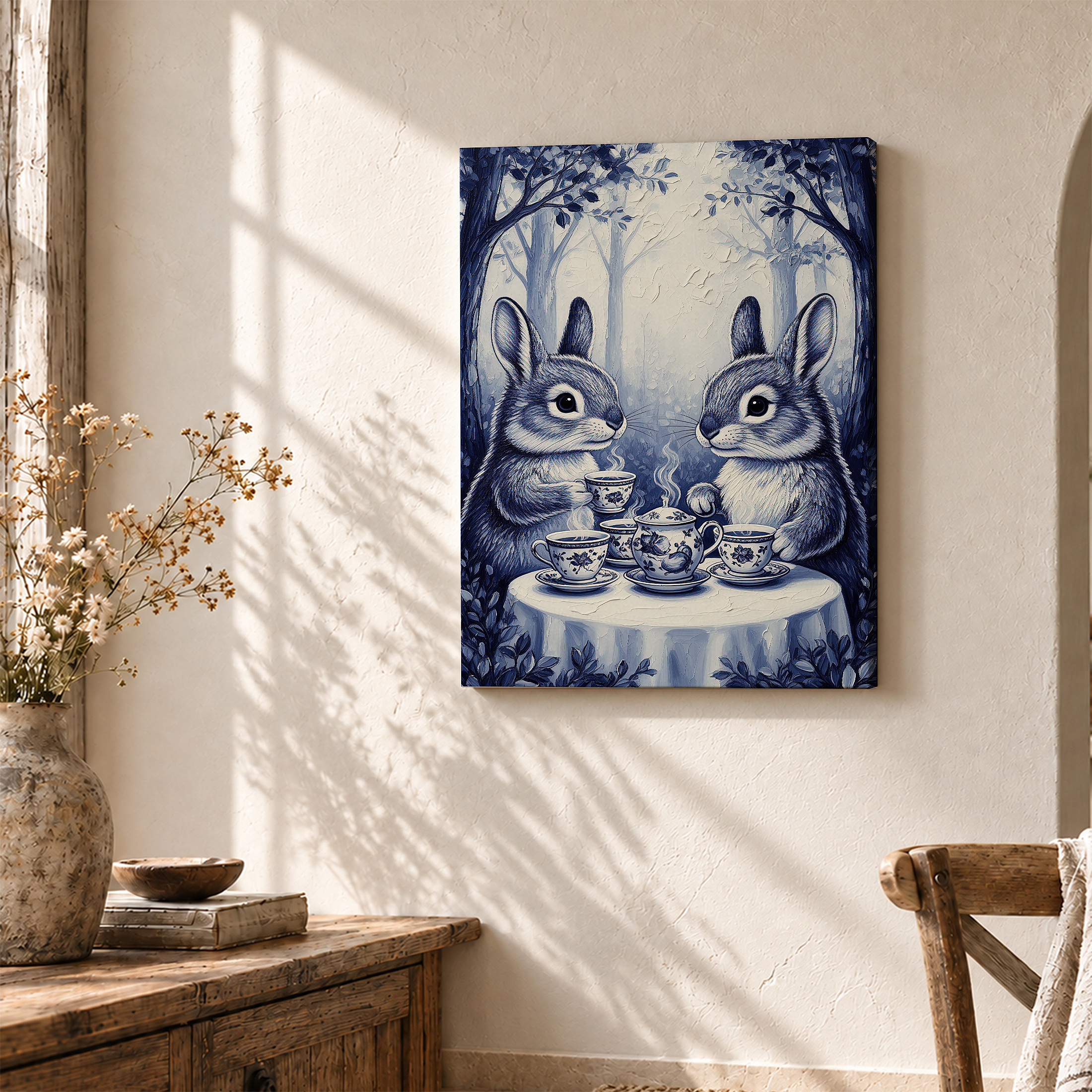 Whimsical Blue Forest Tea Party Rabbits Framed Canvas Wall Art - Image 3