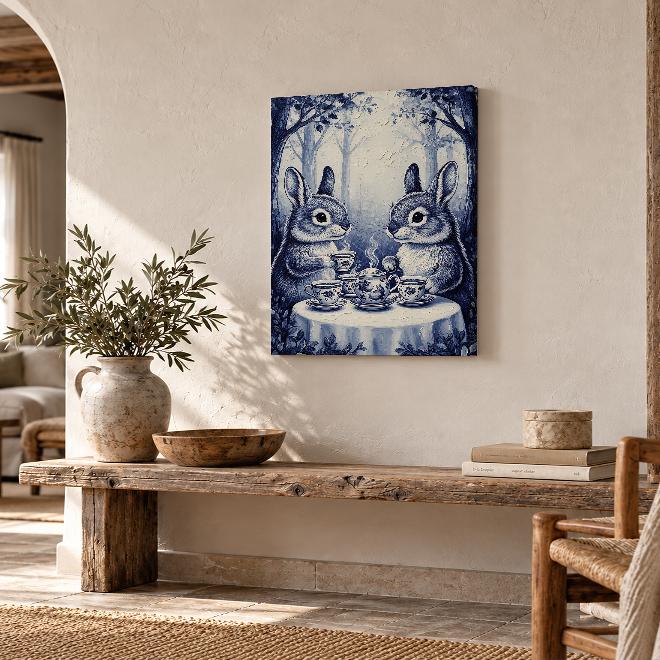 Whimsical Blue Forest Tea Party Rabbits Framed Canvas Wall Art - Image 2