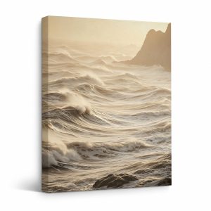 Golden Ocean Waves Framed Canvas Wall Art - Serene Coastal Decor