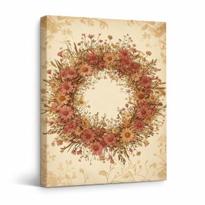 Vintage Pink Floral Wreath Framed Canvas Wall Art Ready to Hang