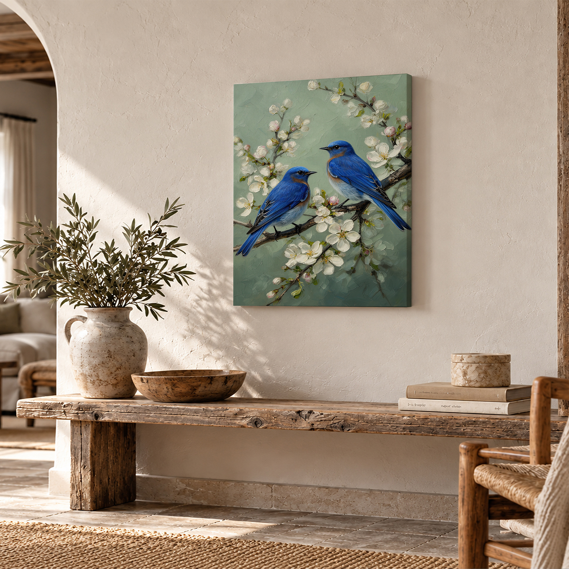 Bluebirds & Cherry Blossoms Framed Canvas Wall Art - Ready to Hang - Image 2