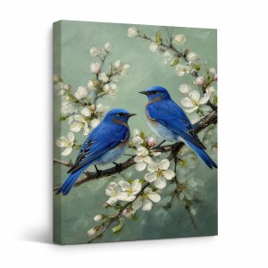 Bluebirds & Cherry Blossoms Framed Canvas Wall Art - Ready to Hang