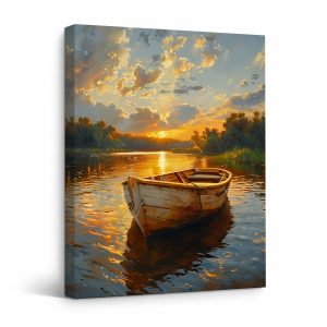 Sunset Boat Lake Serenity Framed Canvas Wall Art Ready to Hang
