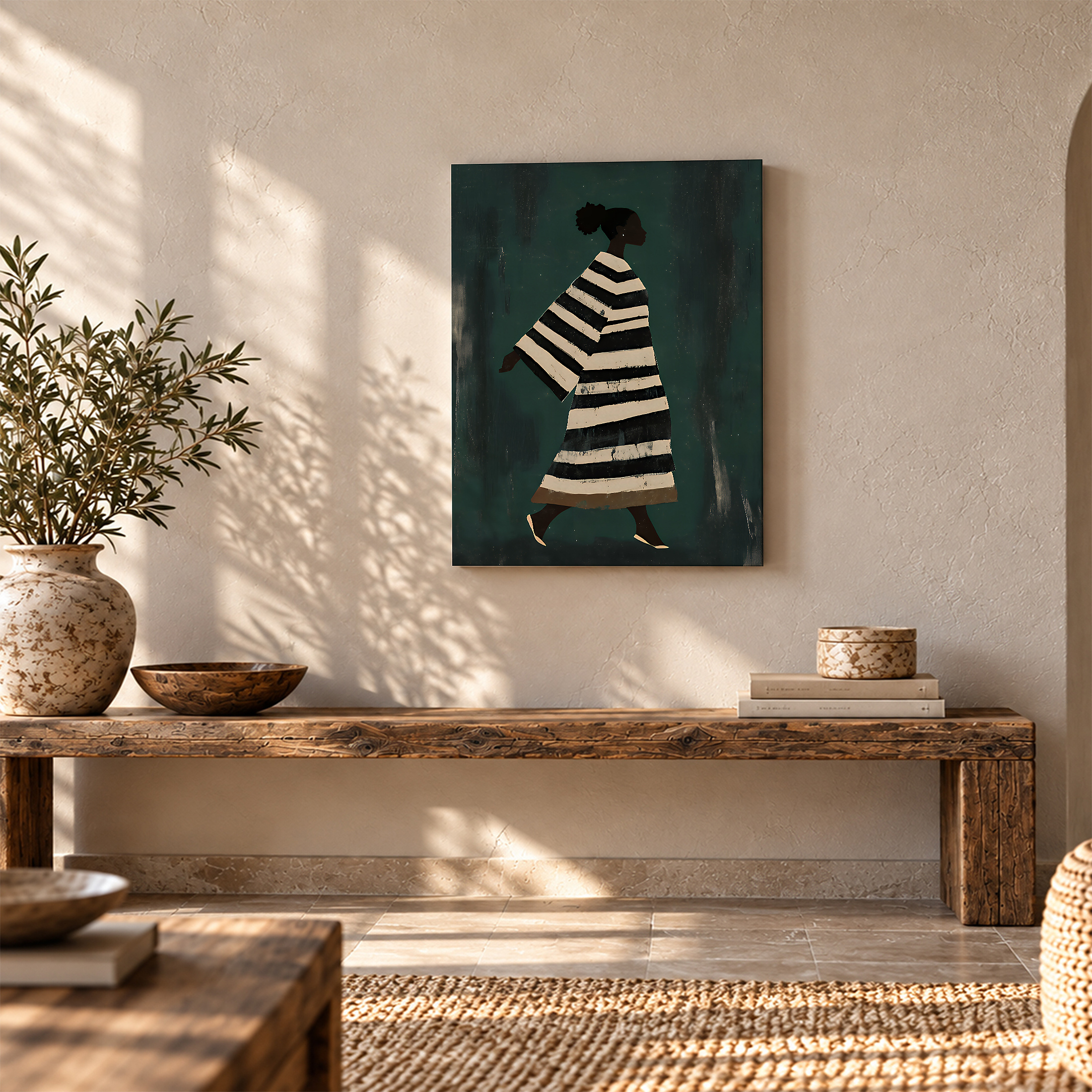 Silhouette Walker in Striped Dress Framed Canvas Wall Art - Image 5