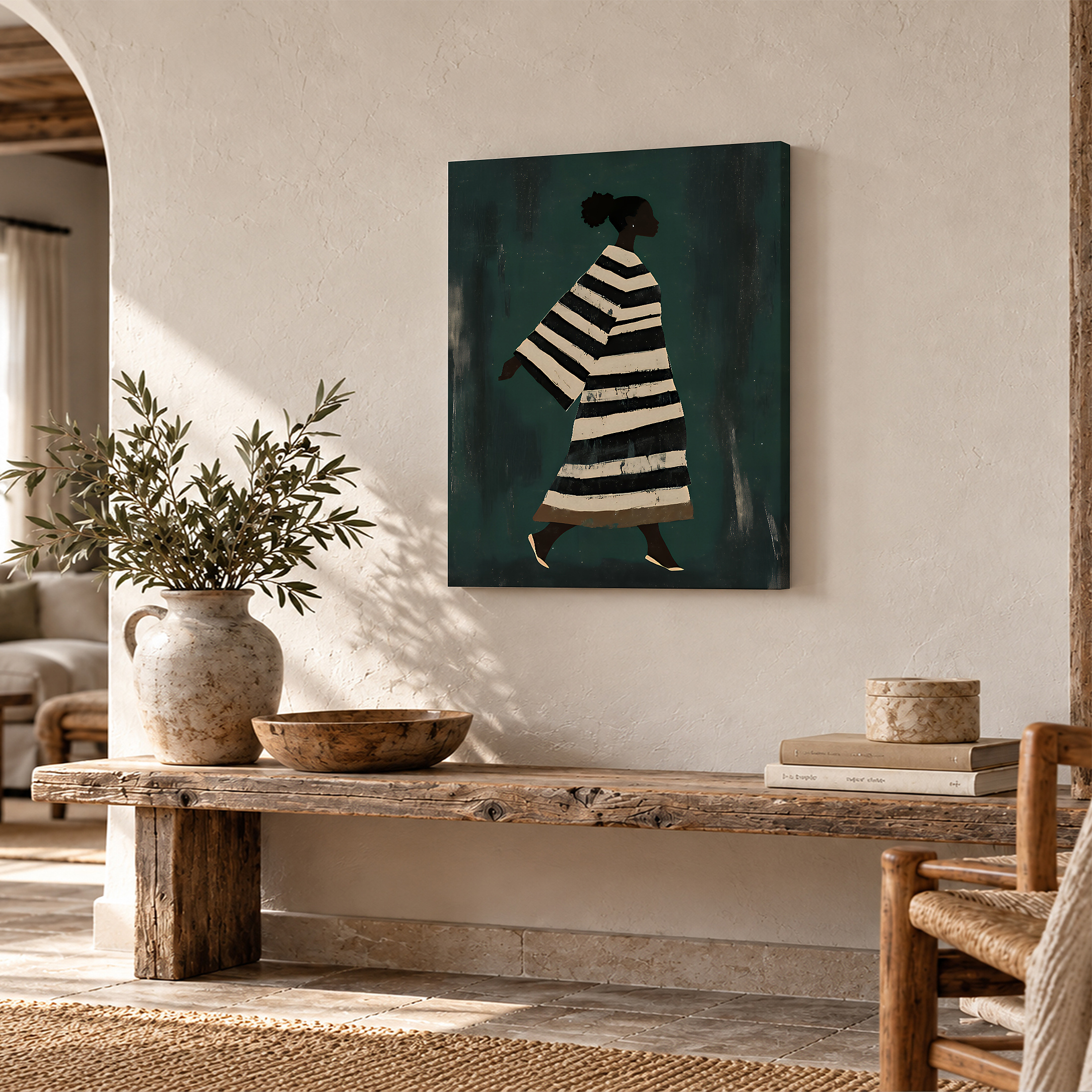 Silhouette Walker in Striped Dress Framed Canvas Wall Art - Image 2