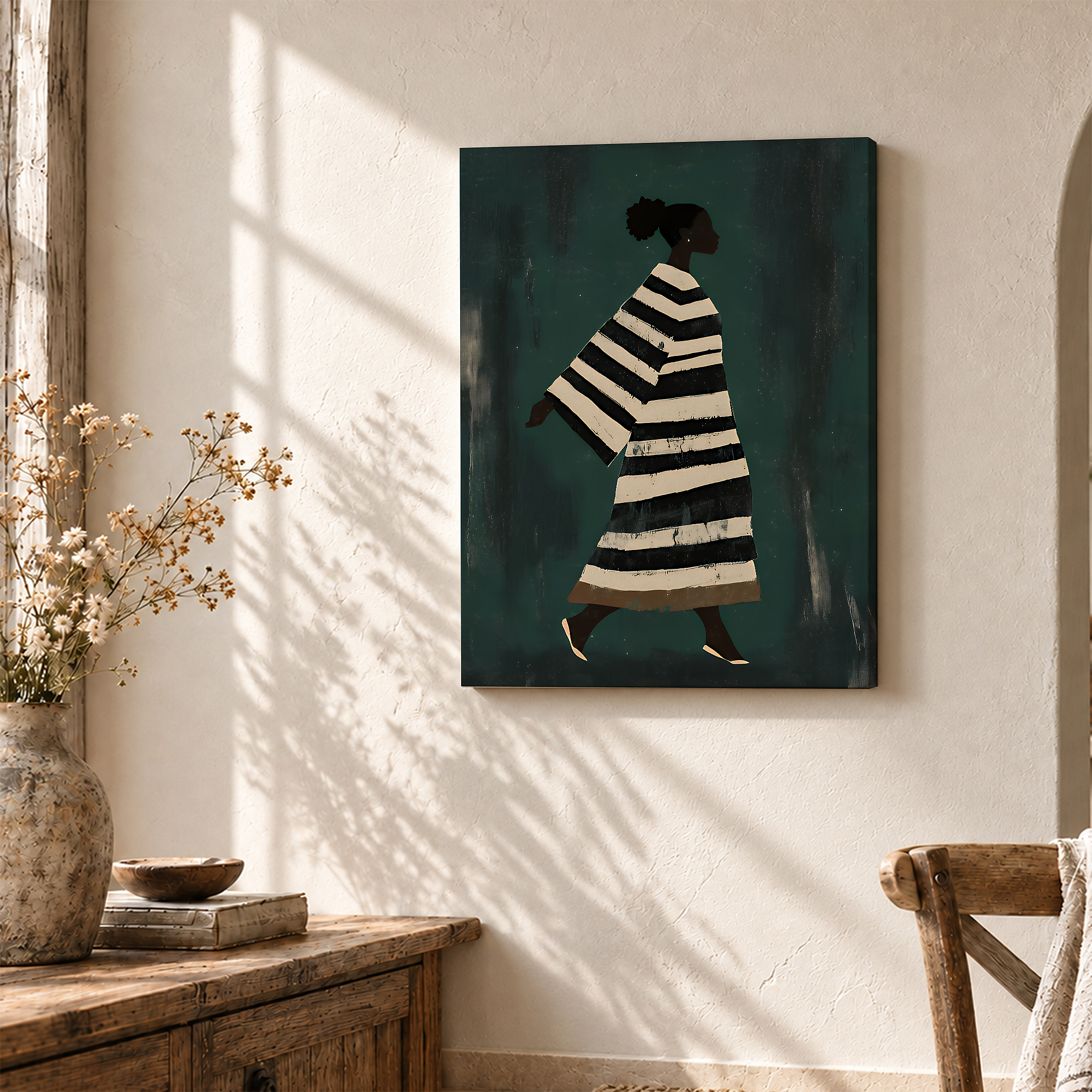 Silhouette Walker in Striped Dress Framed Canvas Wall Art - Image 3