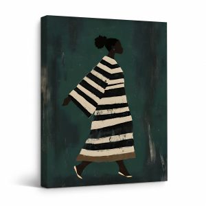 Silhouette Walker in Striped Dress Framed Canvas Wall Art
