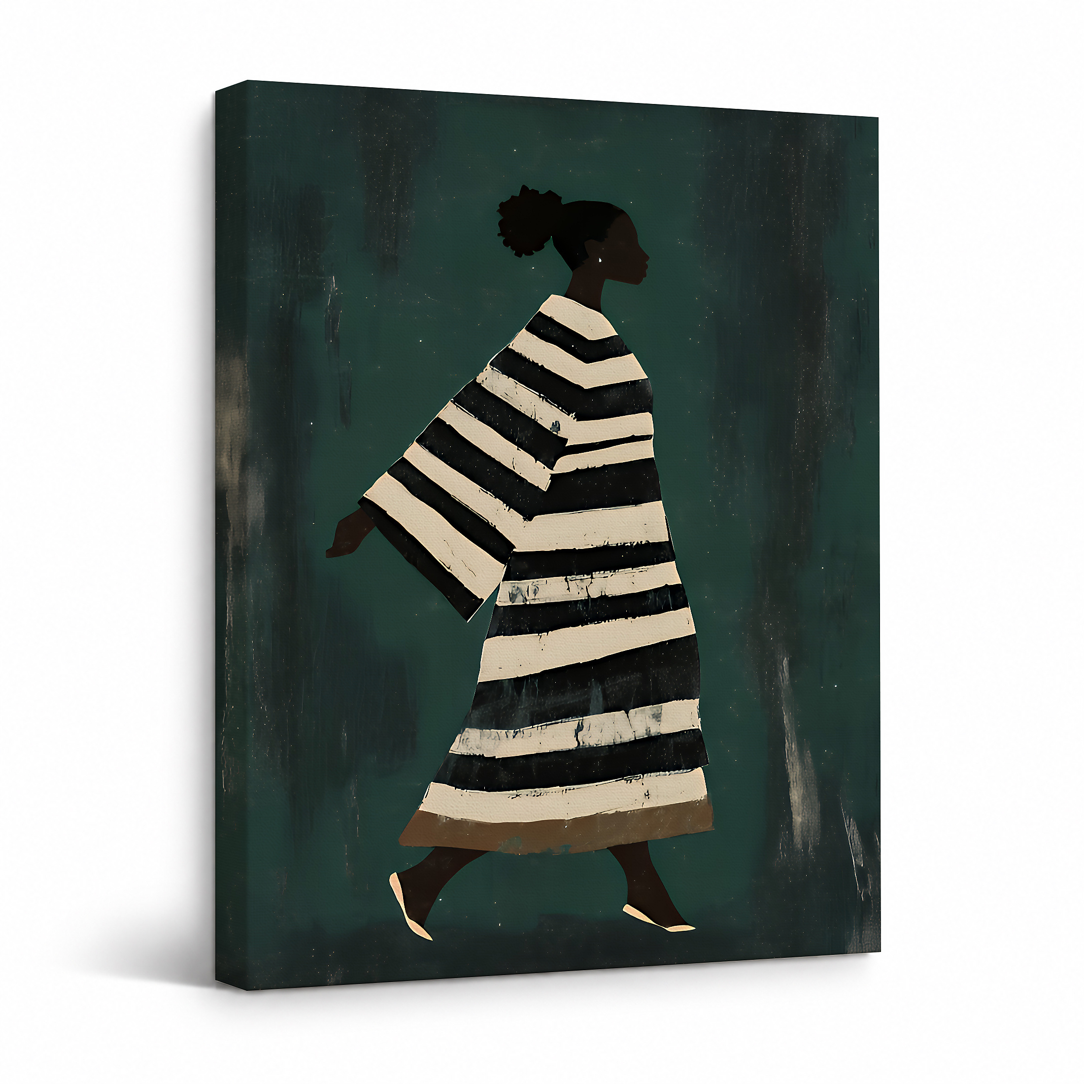 Silhouette Walker in Striped Dress Framed Canvas Wall Art