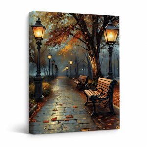 Autumn Park Pathway Framed Canvas Wall Art - Vintage Street Lamps & Benches