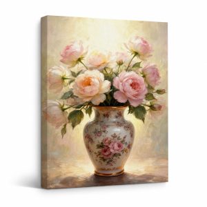 Vintage Pink Roses Framed Canvas Wall Art - Ready to Hang Decor
