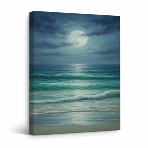 Moonlit Ocean Waves Framed Canvas Wall Art - Ready to Hang
