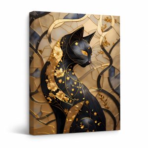 Golden Lotus Cat Framed Canvas Wall Art - Modern Luxury Decor