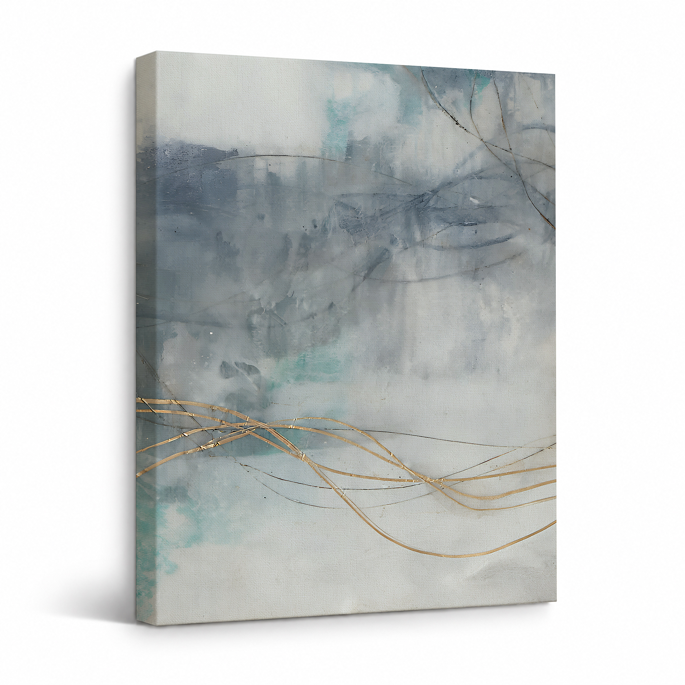 Serene Abstract Watercolor Gold Accents Framed Canvas Wall Art