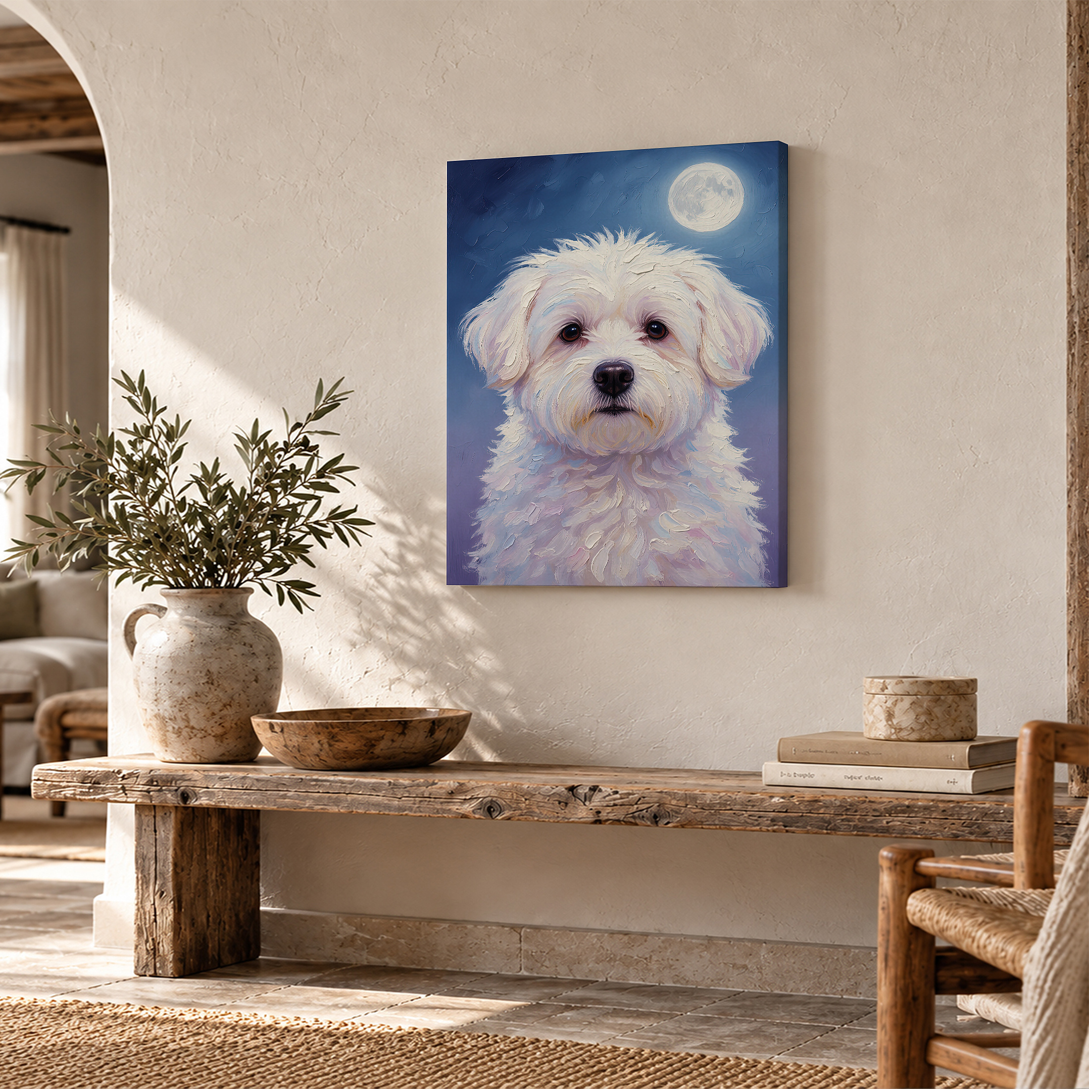 Moonlit White Dog Portrait Framed Canvas Wall Art - Image 2