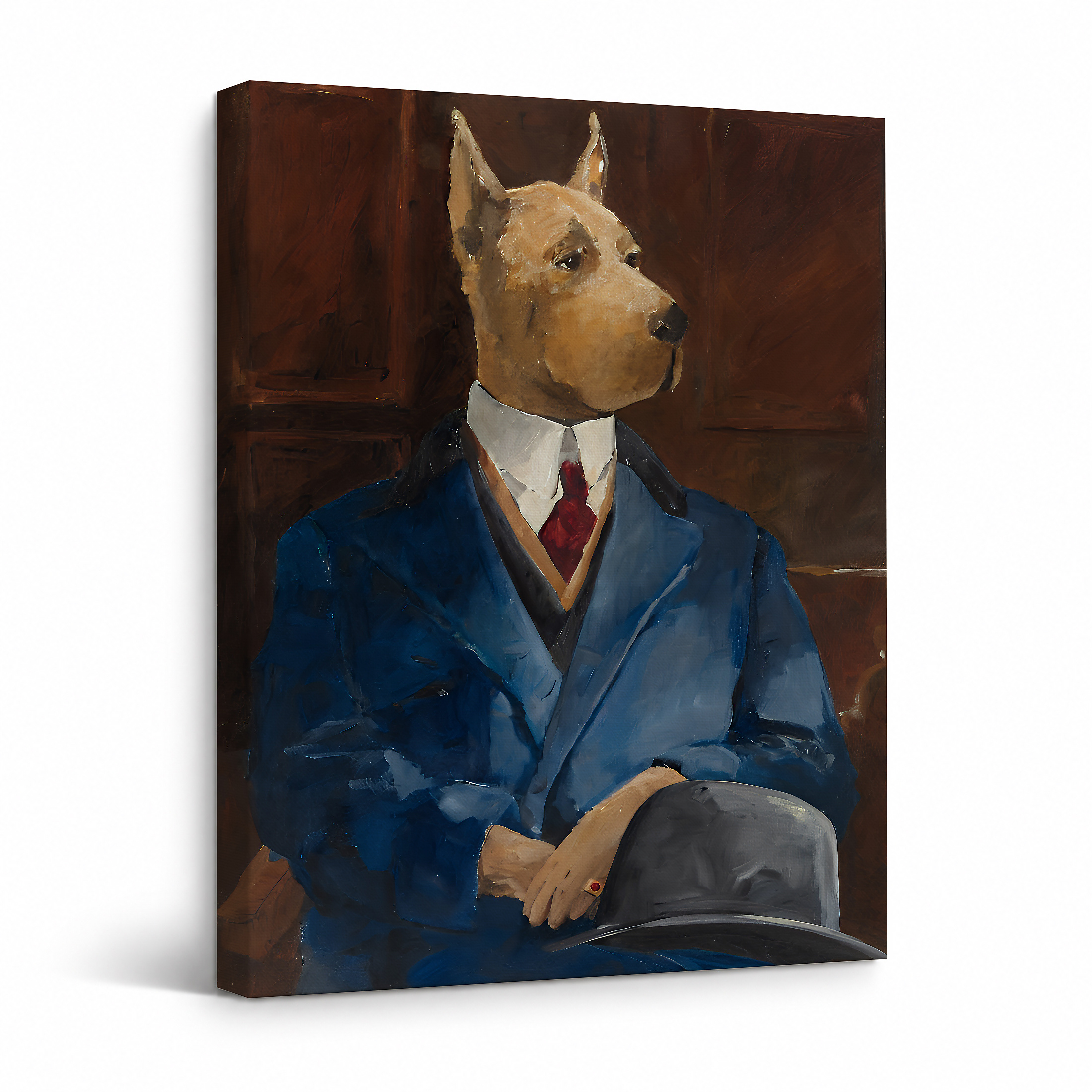 Dapper Dog in Blue Suit Portrait Framed Canvas Wall Art