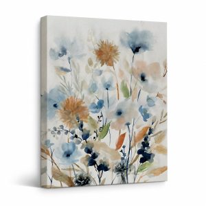 Watercolor Floral Framed Canvas Wall Art - Serene Blue & Orange Blooms