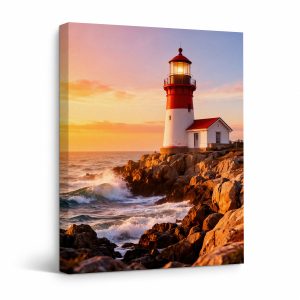 Coastal Sunset Lighthouse Framed Canvas Wall Art - Ready to Hang