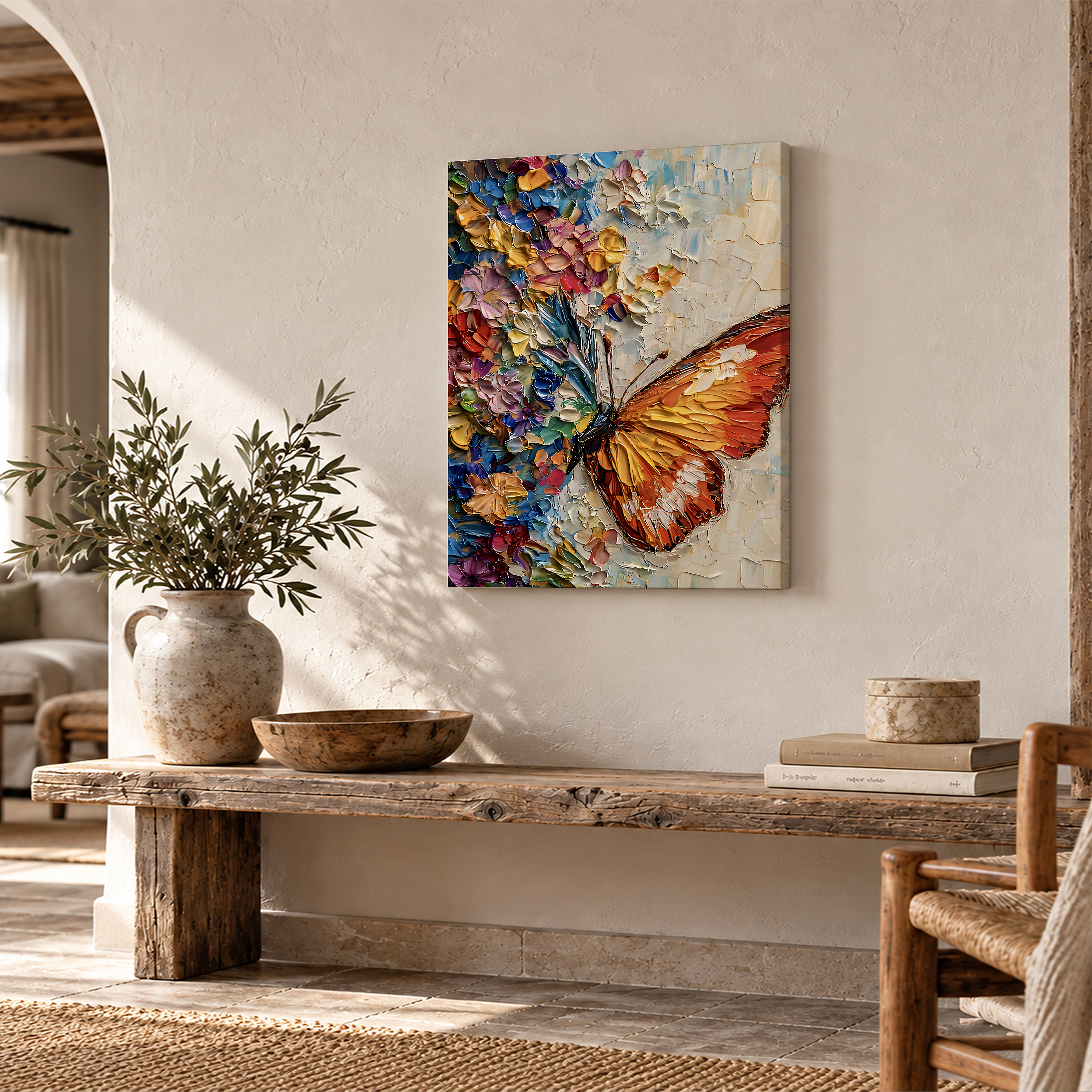 Vibrant Butterfly & Floral Impasto Framed Canvas Wall Art - Image 2