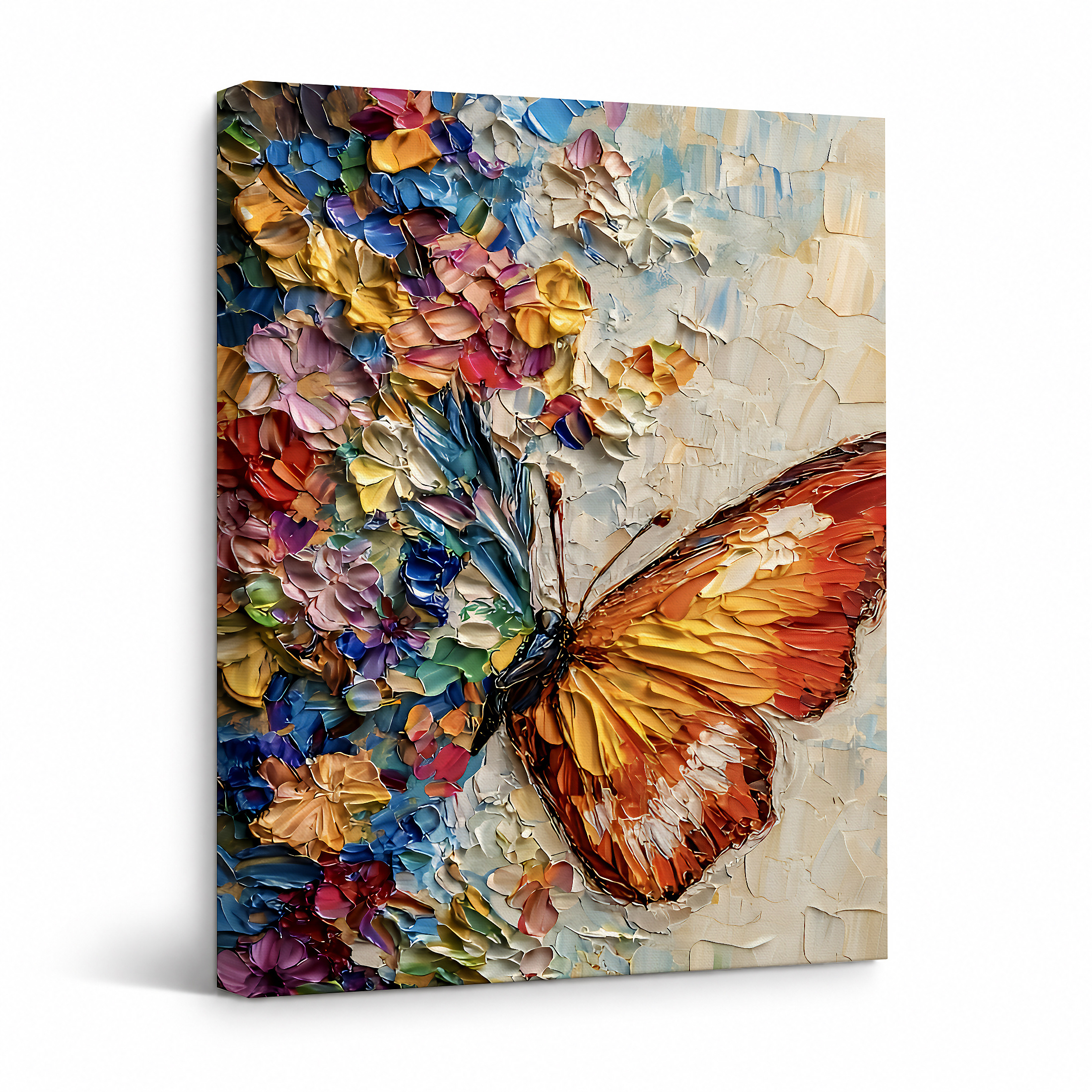 Vibrant Butterfly & Floral Impasto Framed Canvas Wall Art