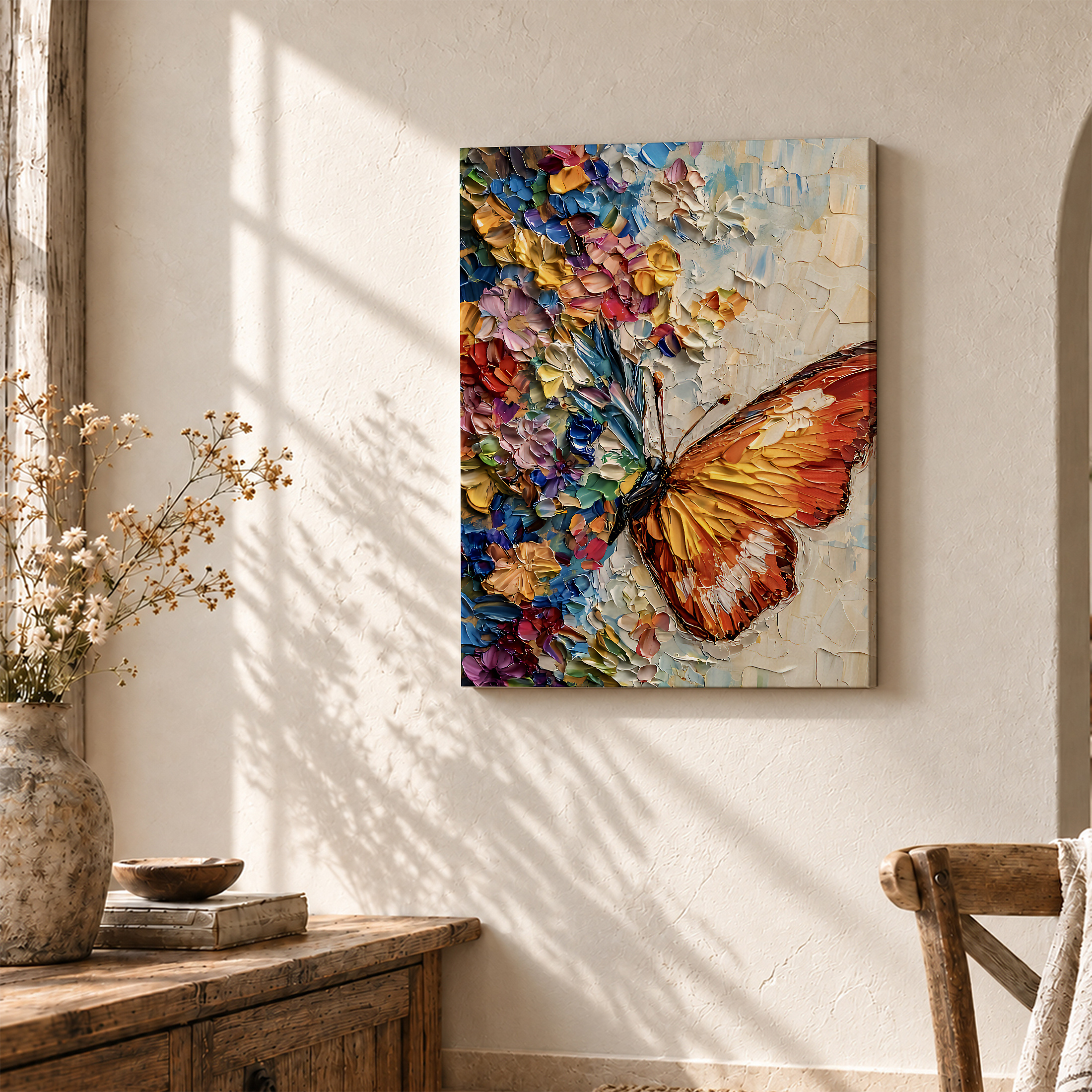 Vibrant Butterfly & Floral Impasto Framed Canvas Wall Art - Image 3
