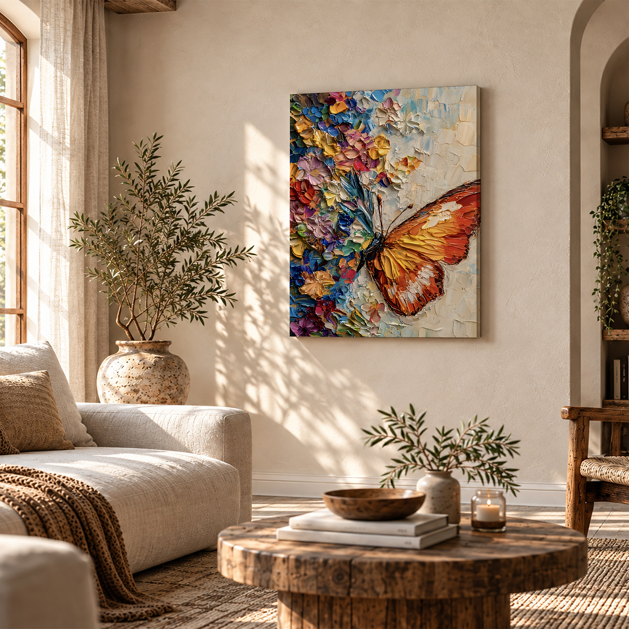 Vibrant Butterfly & Floral Impasto Framed Canvas Wall Art - Image 4