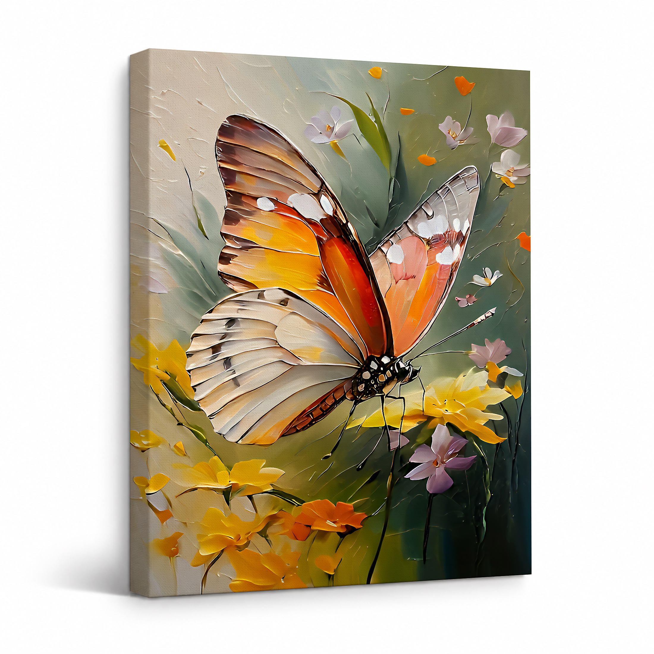 Butterfly & Floral Painting Framed Canvas Wall Art